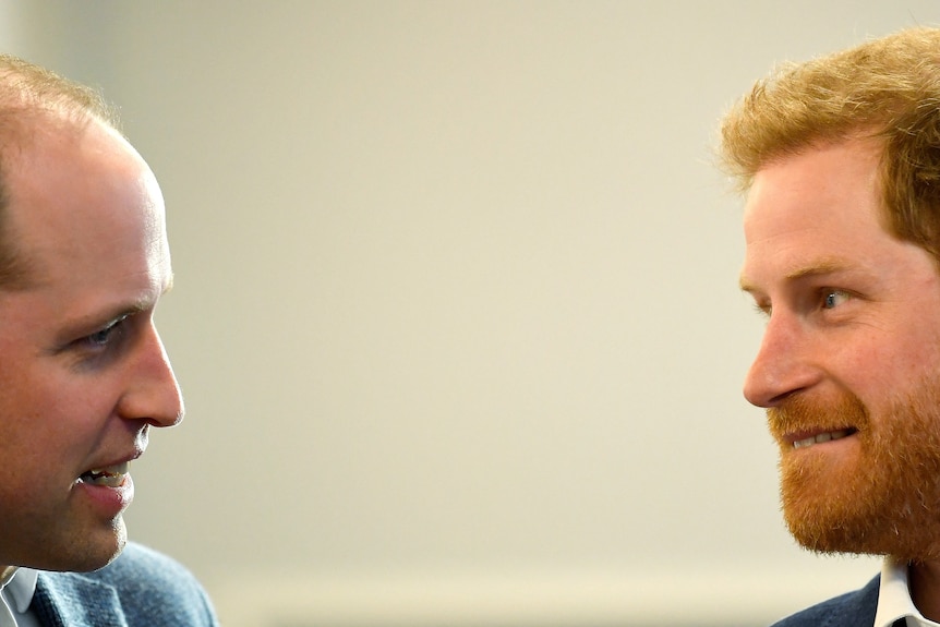 A close up of Prince William (left) starting at his brother Prince Harry.