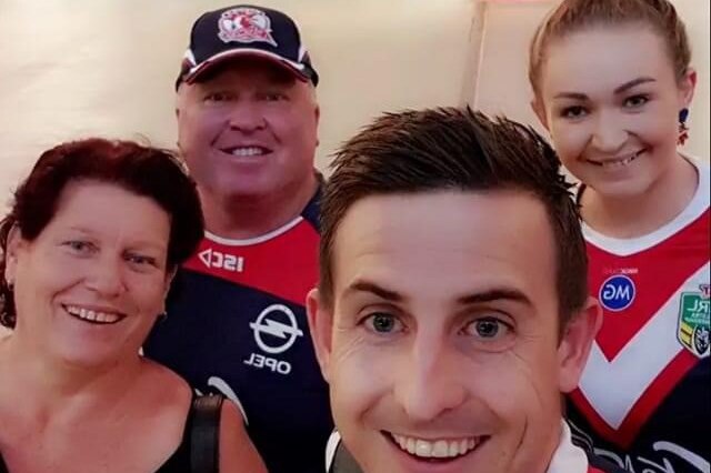 Kirsty Morritt with her husband and parents at a Roosters match.