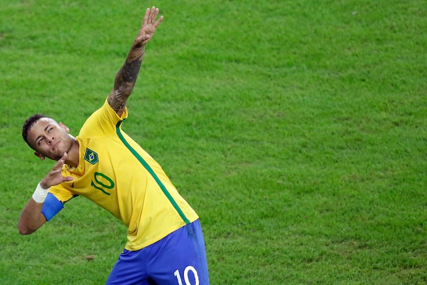 Neymar does a lightning bolt celebration after scoring against Germany