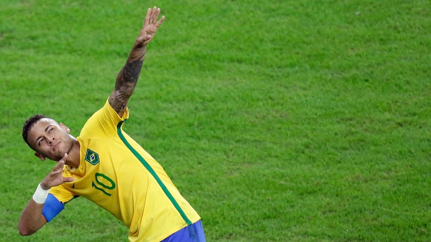 Brazil captain Neymar struck a pose in honour of the watching Usain Bolt after his goal.