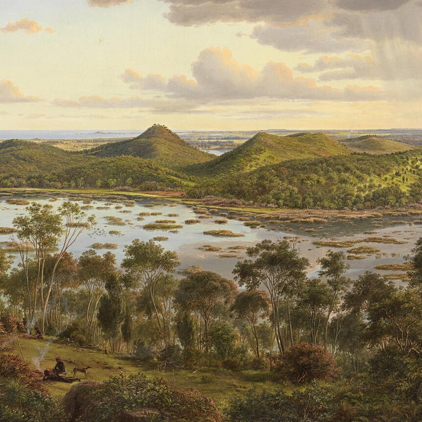 A painting from 1855 depicting Tower Hill with Indigenous people in foreground