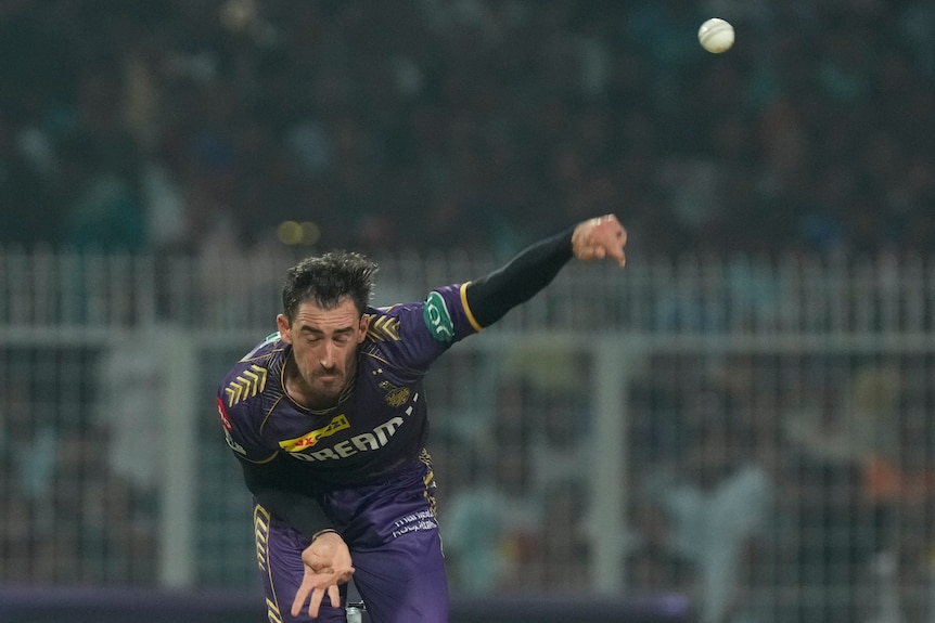 Mitchell Starc in action during IPL 2024