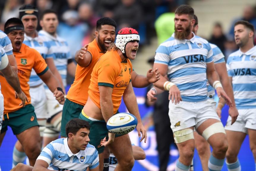 Australia's Fraser McReight celebrates a try against Argentina