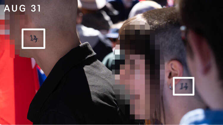 quadrados em torno de duas pessoas com uma tatuagem estilizada de 14.