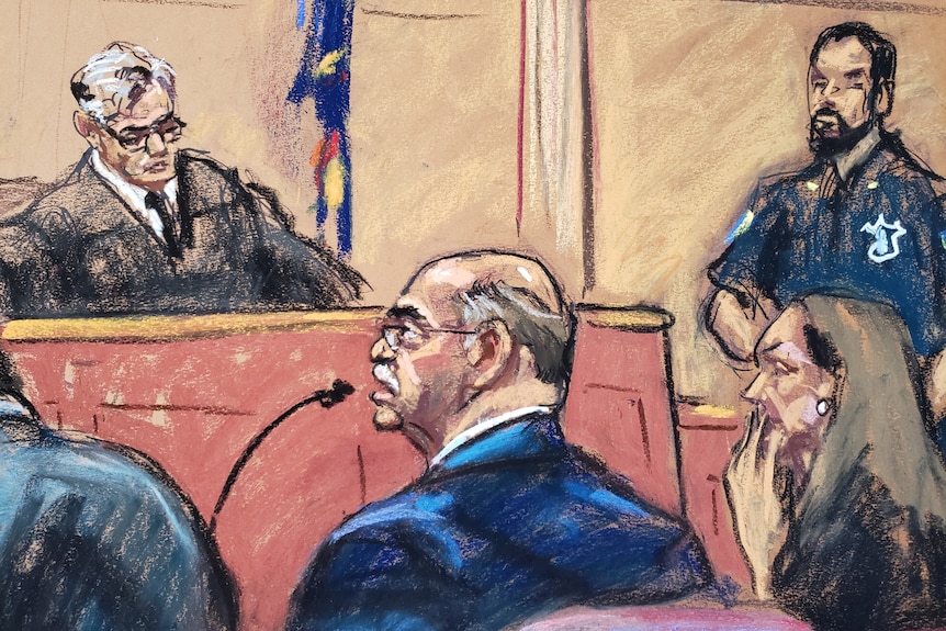 Sketch of Weisselberg sitting next to lawyers in front of a judge at the bench
