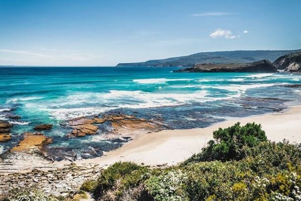 Beach at South Cape Bay Tasmania, photo by tom.ella.moments on Instagram