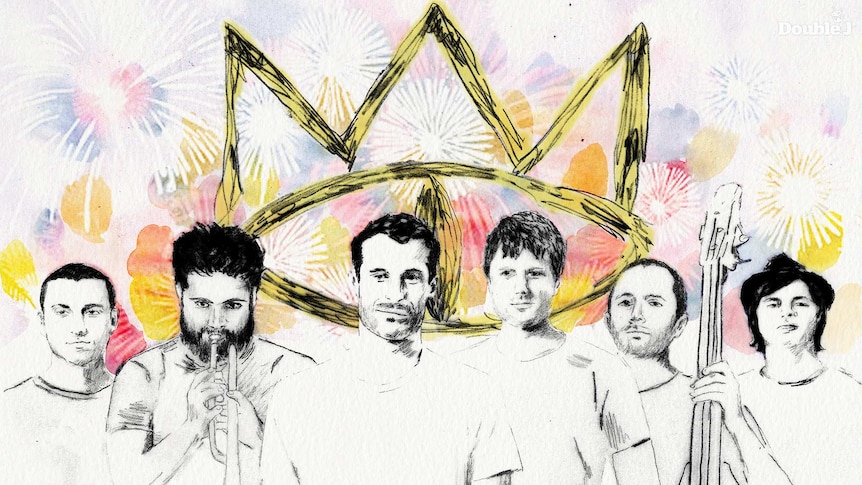 An illustration of the six core members of The Cat Empire standing side by side with a large gold crown above them