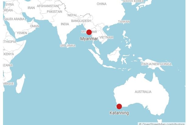 A world map showing Myanmar, to the north west of Australia, and Katanning in southern Western Australia.