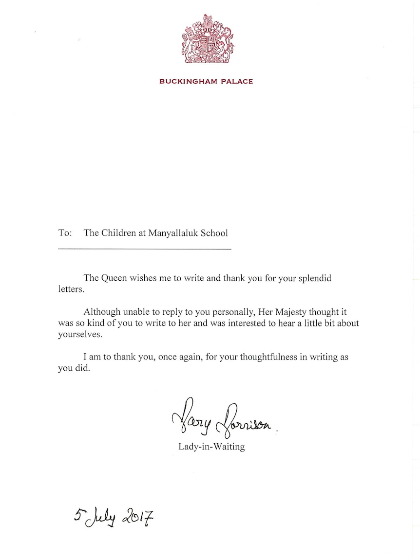 A letter on Buckingham Palace stationery addressed to the children of Manyallaluk School in the Northern Territory.