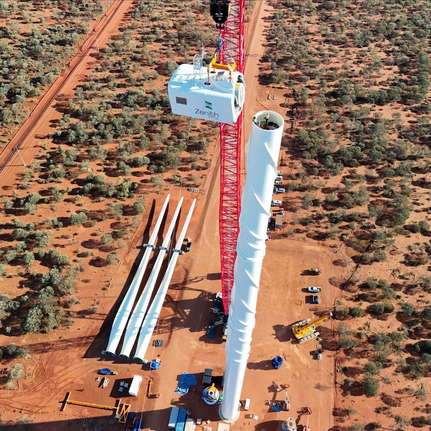 A wind turbine under construction at a remote mine site.  