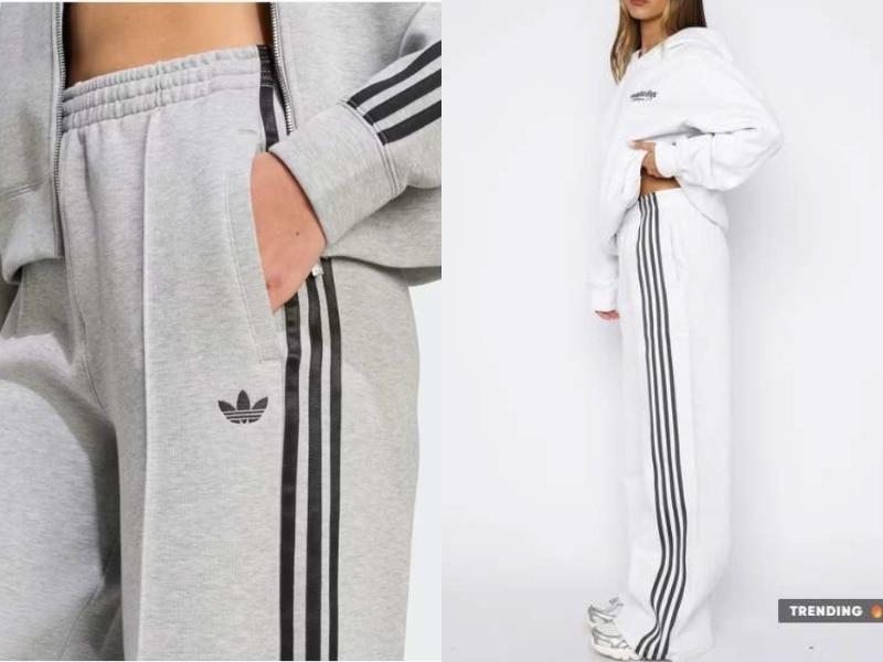 An Adidas track pant with three stripes and the brand's logo next to a white track pant from White Fox with four black stripes.
