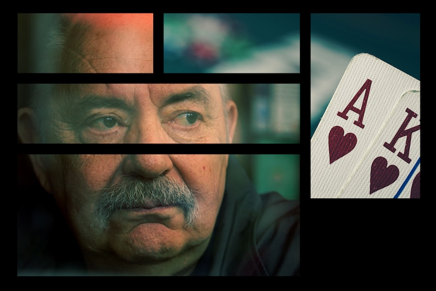 Two images broken into separate spaced-apart rectangles showing Danny's face staring and two playing cards an ace and a king.