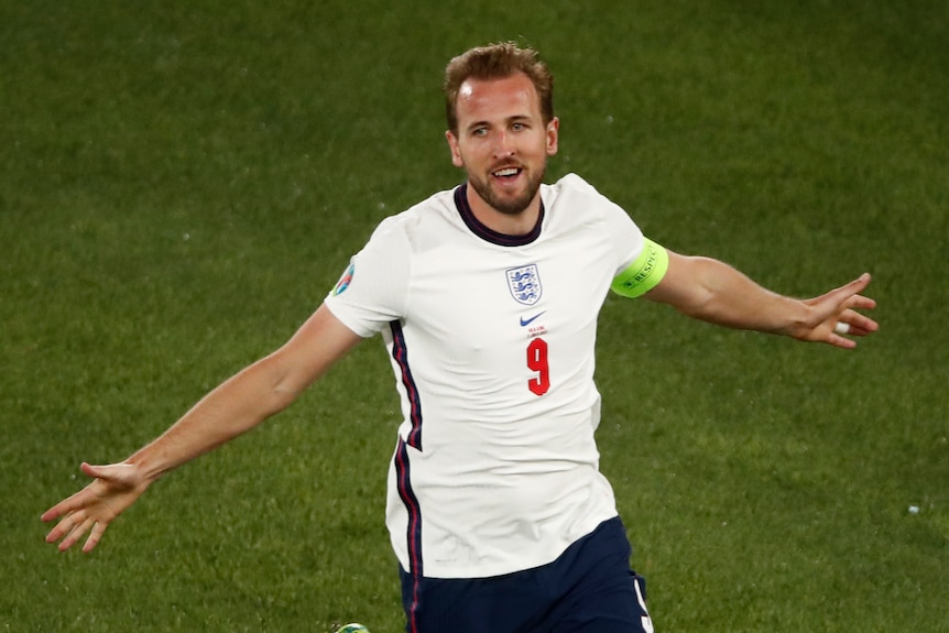 Harry Kane spreads his arms wide in celebration.