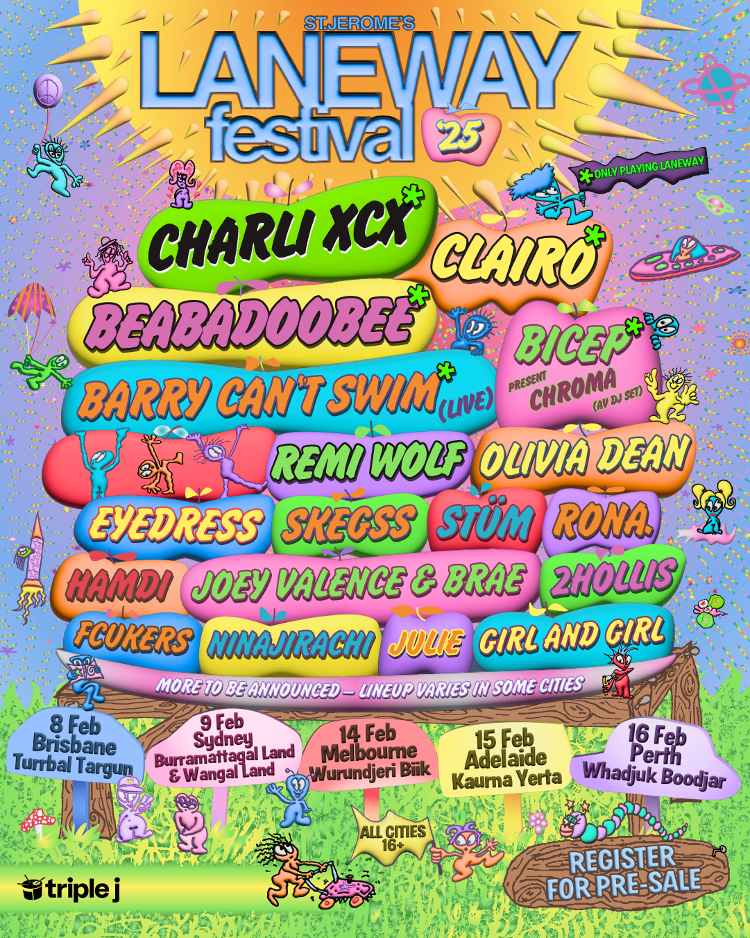 Colourful poster with cartoon figures detailing the Laneway Festival line-up