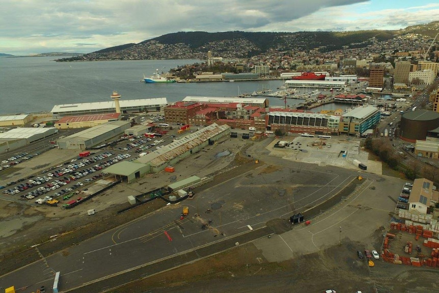 Aerial view of Macquarie Point area of Hobart, June 2018.