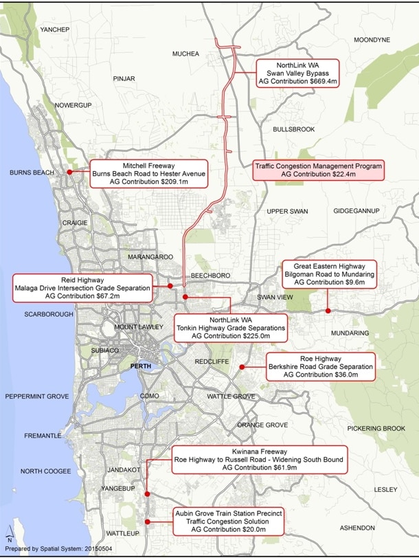 Map of greater Perth area showing where the $449m in road funding will be spent