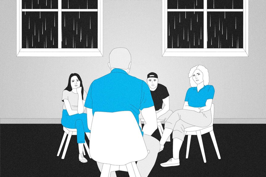 Illustration of a counselling session with people wearing blue and black and black sky with rain visible through the windows.