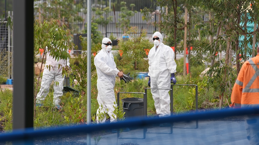 Workers wearing white hazmat gear clear asbestos from Rozelle Parklands on Friday February 16, 2024