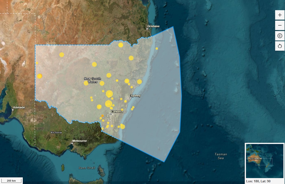 A map showing the location of earthquakes in NSW map in the last year.