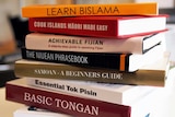 A digitally-altered image showing a stack of textbooks for learners of seven different Pacific Island languages.