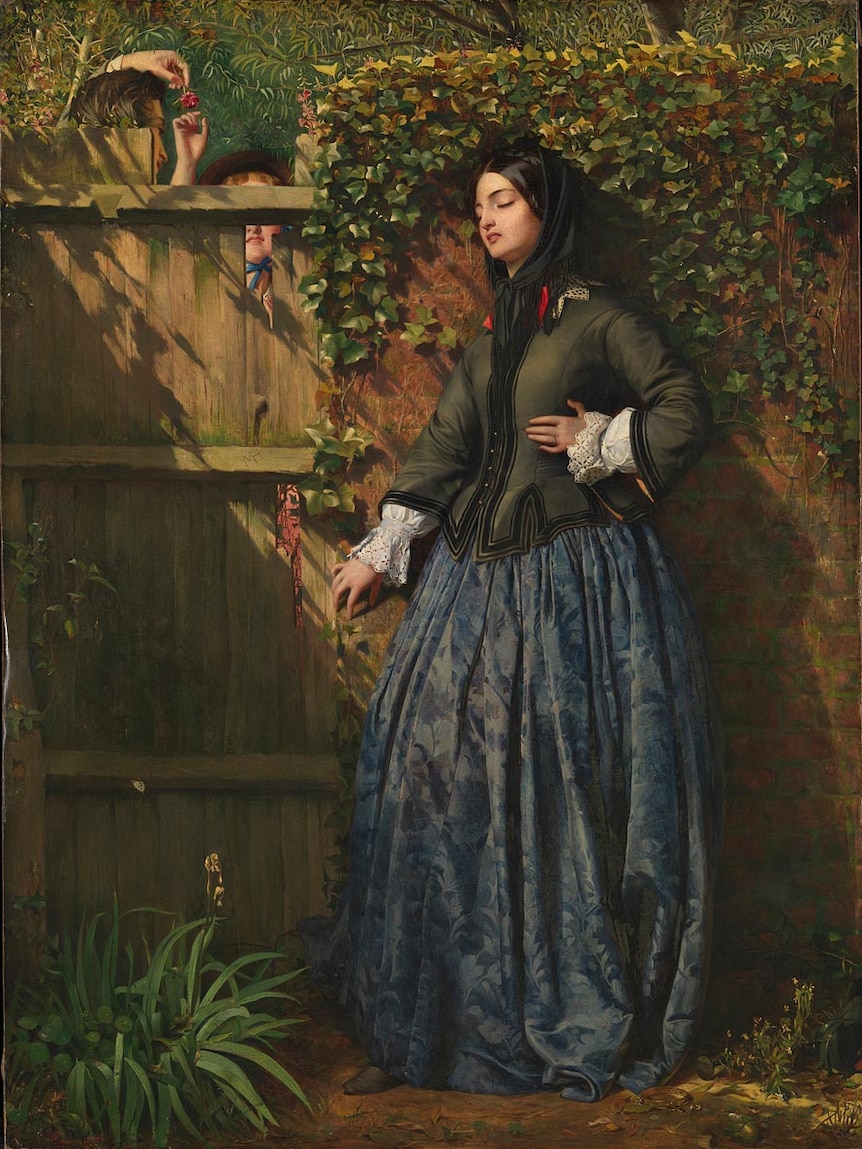The painting Broken Vows, which depicts a woman hearing her lover's infidelity through a fence.