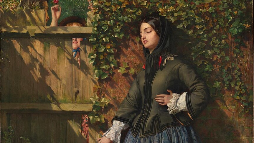 The painting Broken Vows, which depicts a woman hearing her lover's infidelity through a fence.