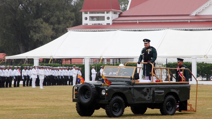 King in front of palace at the military parade in Tonga on July 5, 2015.
