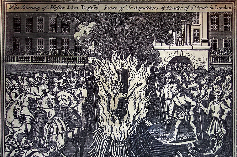 Woodcut showing the execution of John Rogers at Smithfield, London in 1555