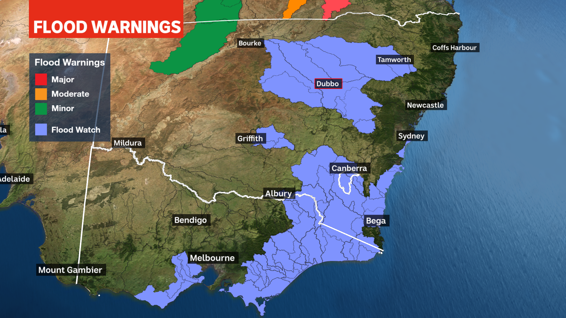 Map of southeastern Australia showing areas with flood warnings.