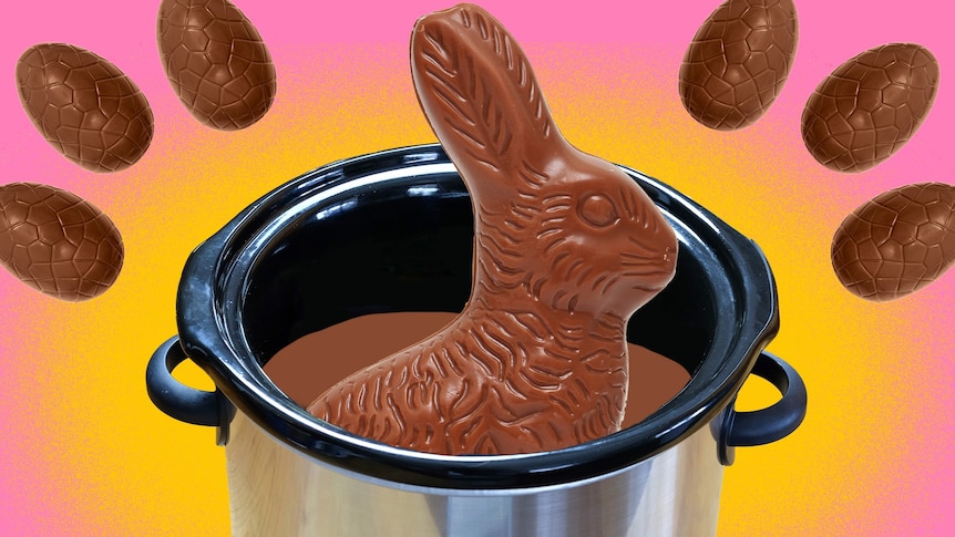 A chocolate Easter bunny in a slow cooker pot, with Easter eggs floating above on a pink and yellow background.
