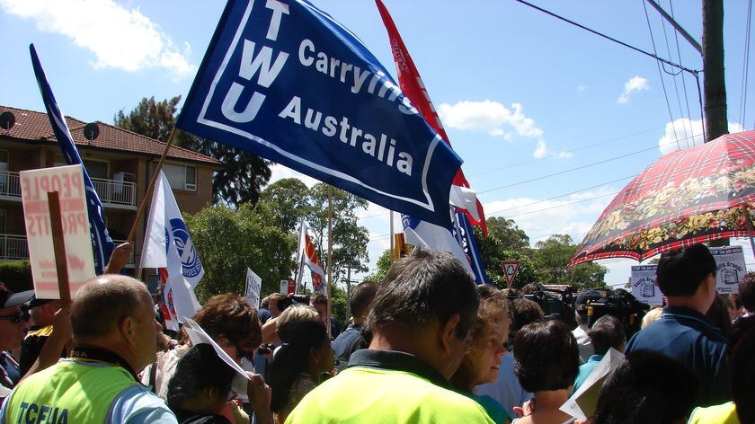Pacific Brands workers strike in western Sydney on March 6, 2009, over job cuts at the company.
