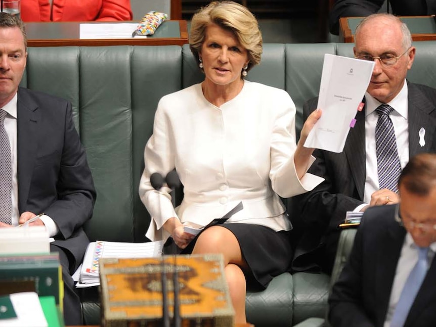 Julie Bishop waves document at Julia Gillard