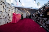 Helen Mirren poses for a scrum of photographers while standing on a red carpet.