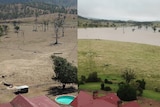 A split showing a house and a paddock. In the first image is dry and brown but the second is green with a full dam.