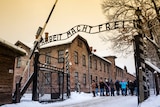 Tourists under Arbeit macht frei sign at Auschwitz Concentration Camp