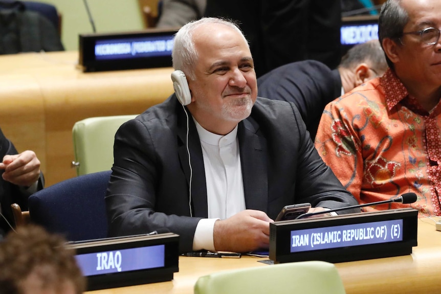 Iran's foreign minister Javad Zarif smiles and he prepares to address the UN.