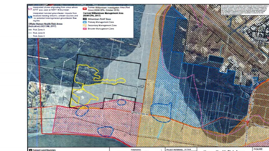 Map of the proposed sand mine development in Williamtown showing the PFAS risk and management zones within the site