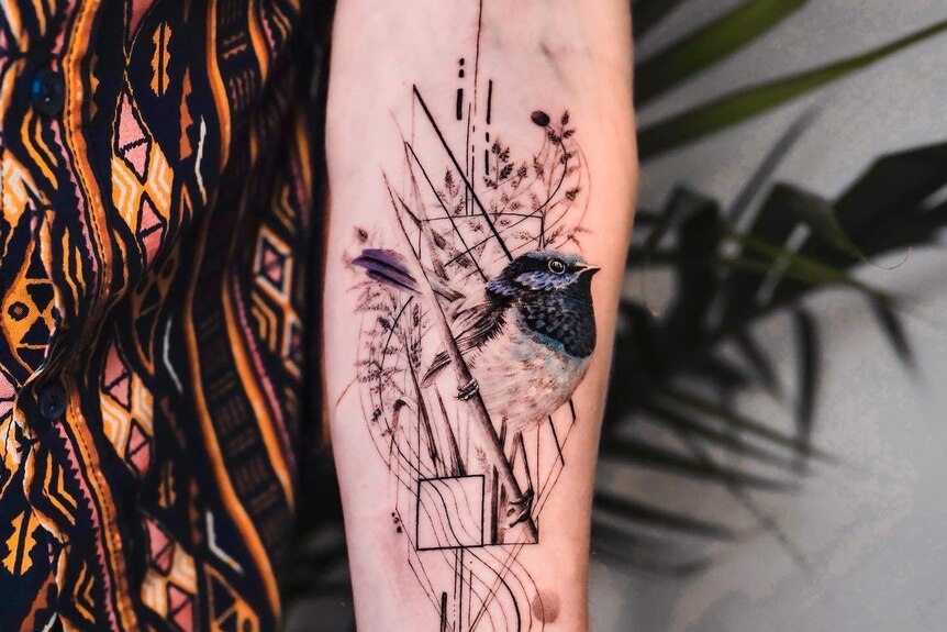 A fine line tattoo of a blue wren with abstract design behind it. The tattoo covered most of the upper arm.
