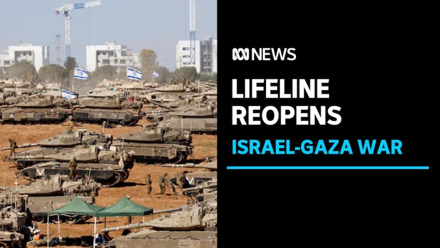 Lifeline Reopens, Israel-Gaza War: Dozens of tanks in a desert landscape with buildings under construction in the background.