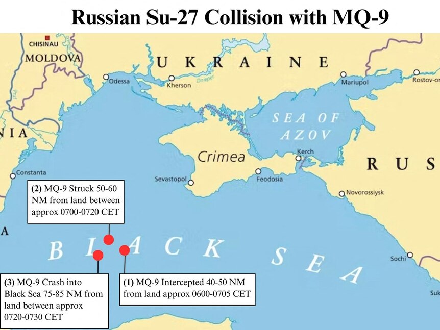 A map of the encounter between an unmanned U.S. MQ-9 drone and a Russian Su-27 jet over the Black Sea.
