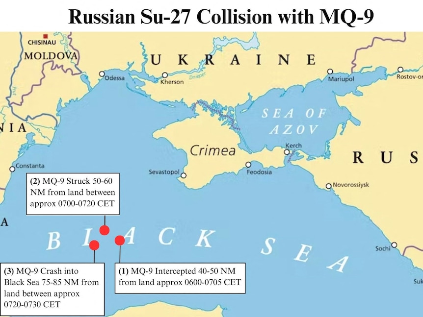 A map of the encounter between an unmanned U.S. MQ-9 drone and a Russian Su-27 jet over the Black Sea.