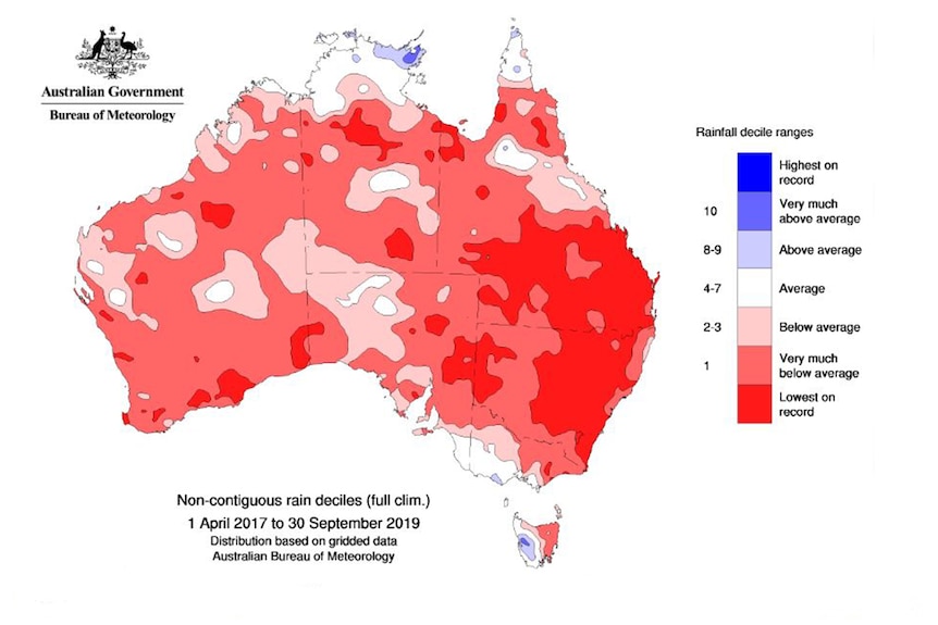 A coloured map of Australia showing rainfall deficiencies during 2017 and 2019.