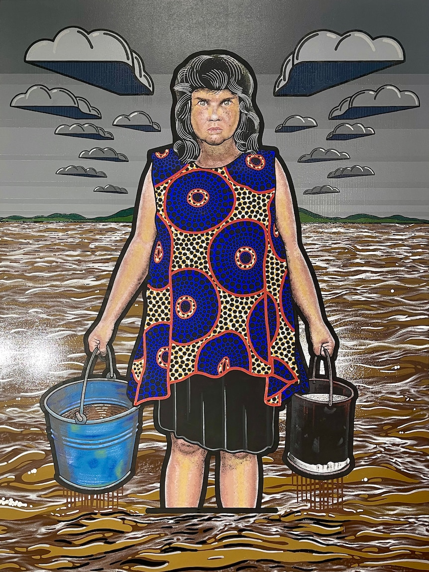 A painting of Wiradjuri artist Karla Dickens looking determined, standing in floodwaters, holding two leaking pails of water