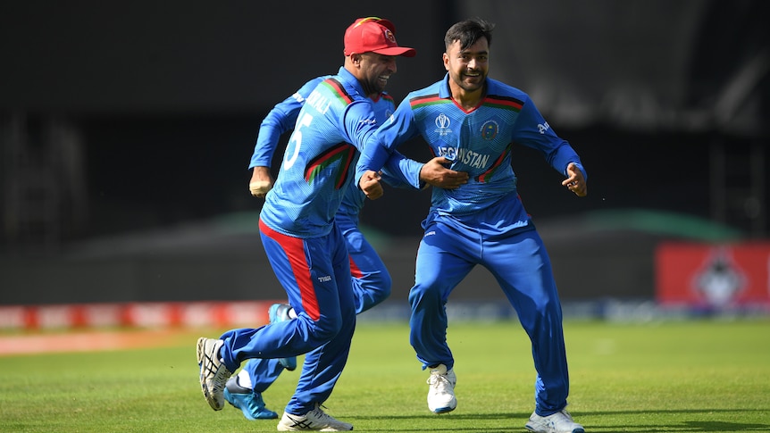 Two Afghanistan cricketers begin to run in towards teammates after taking a wicket - one, Rashid Khan, is facing the camera.