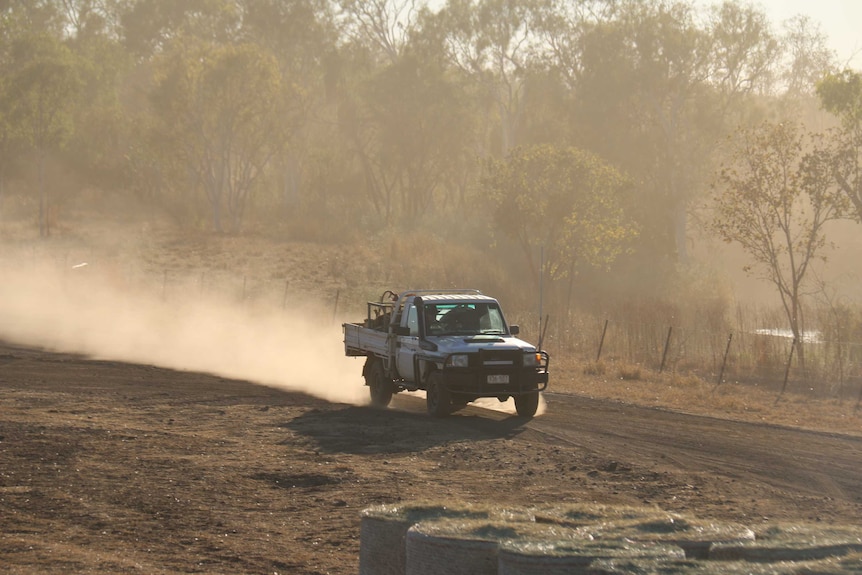 A ute driving through a paddock on Newry Station in the Northern Territory.
