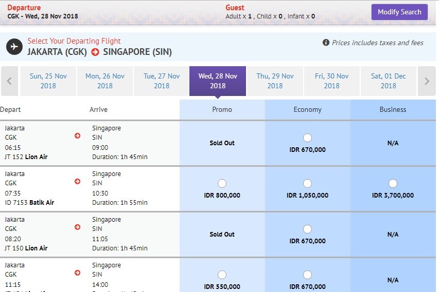 Harga tiket di situs Lion Air dengan rute Jakarta-Singapura.