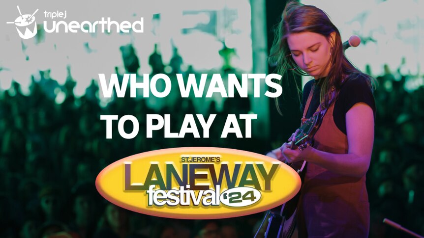 An image of a person playing guitar to a crowd. Text: Who wants to play at Laneway Festival