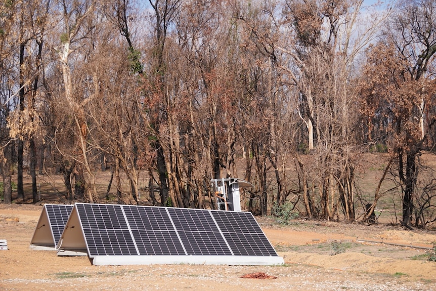 Two solar panel structures sitting on dirt on a rural property with burnt gum trees in the back ground.