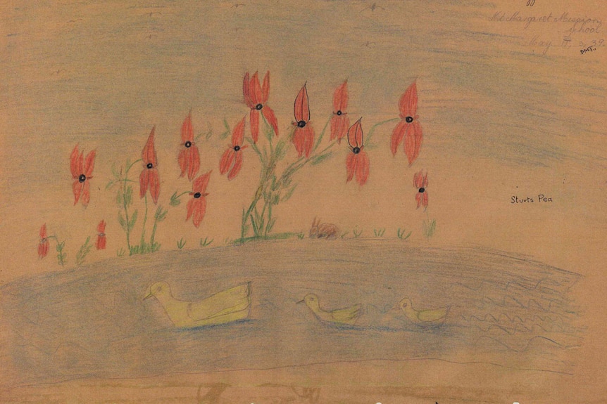 A crayon drawing of red flowers and three ducks in a lake  