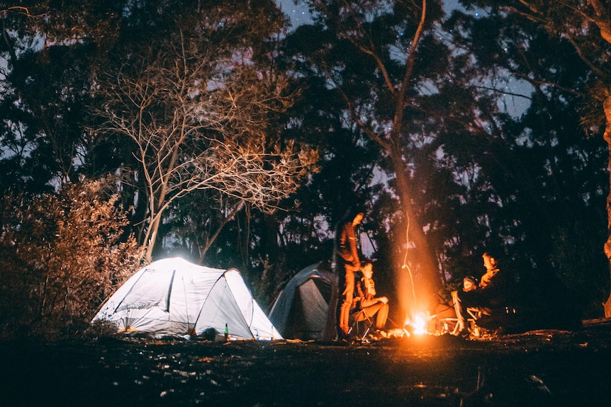 Two campers with a tent stand around a fire place in the Australian bush.